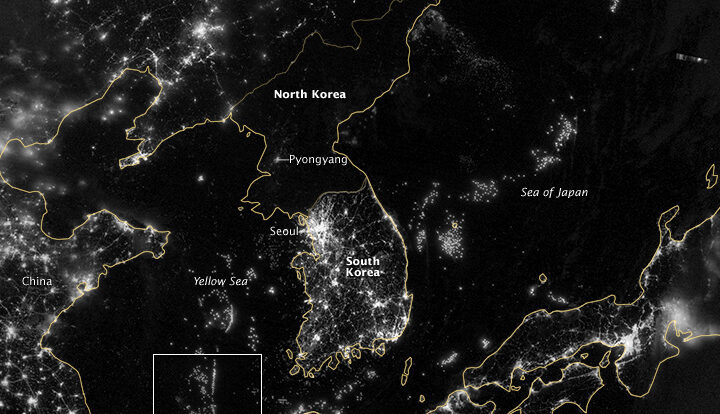Image of North Korea taken by satellite at night.